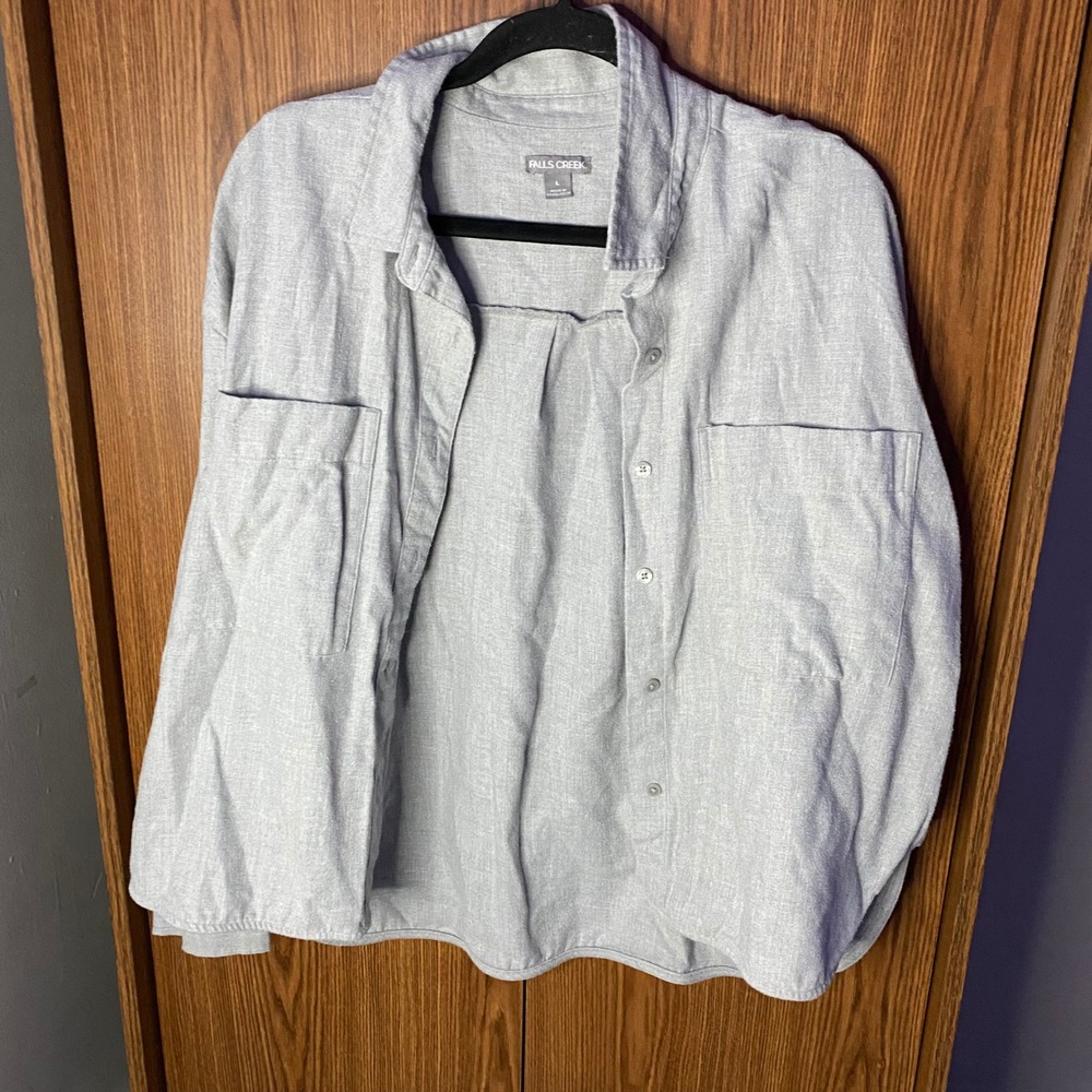 Falls Creek Button Down Shirt Womens Large Grey Long Sleeve Cotton Blend Casual